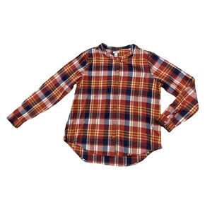 LL Bean Womens Red Orange Organic Cotton Plaid Button Up Long Sleeve Shirt Small